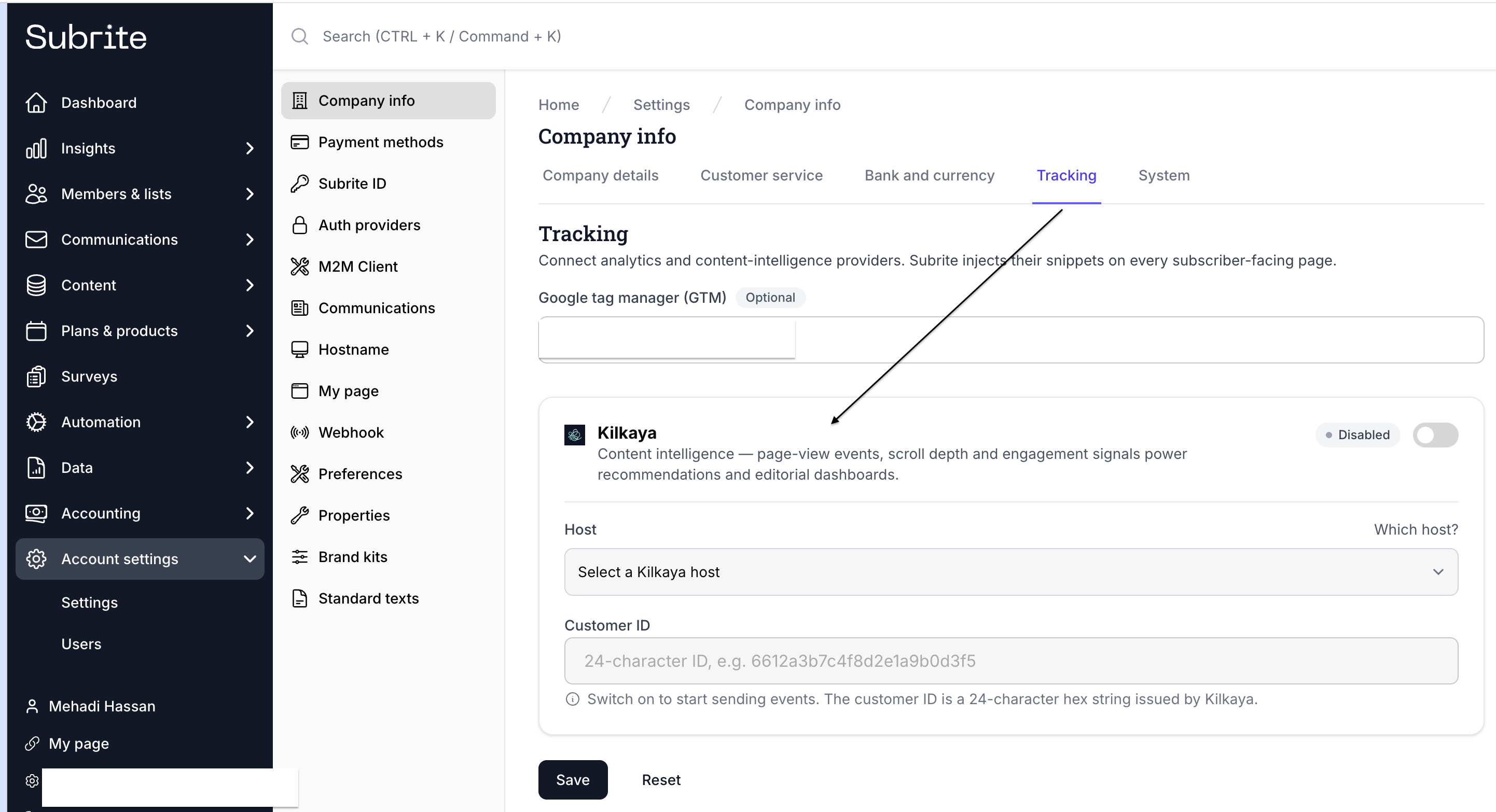 Tracking settings with the Kilkaya integration card