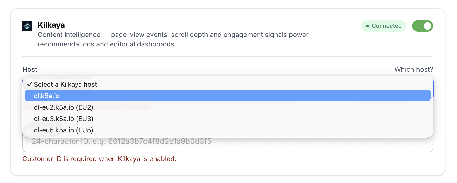 Host dropdown and Customer ID field
